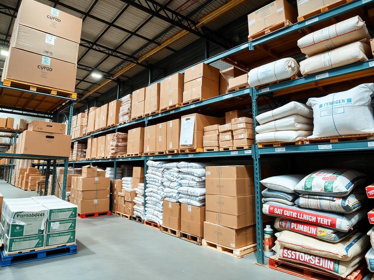 Armazém com caixas, sacos e materiais organizados em estantes