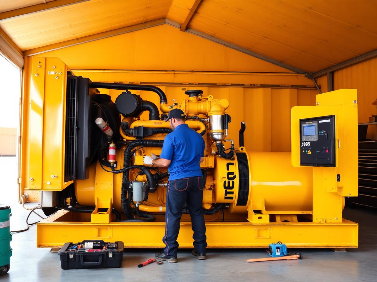 Técnico a fazer manutenção a um gerador industrial diesel
