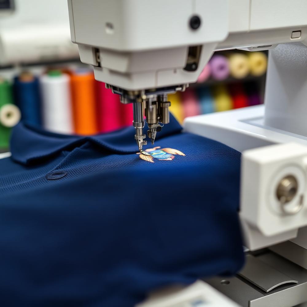 Máquina de bordar a aplicar um logótipo num polo azul