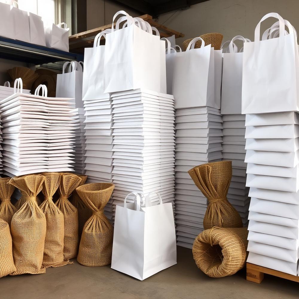 Pilhas de sacos brancos e sacos de ráfia em produção